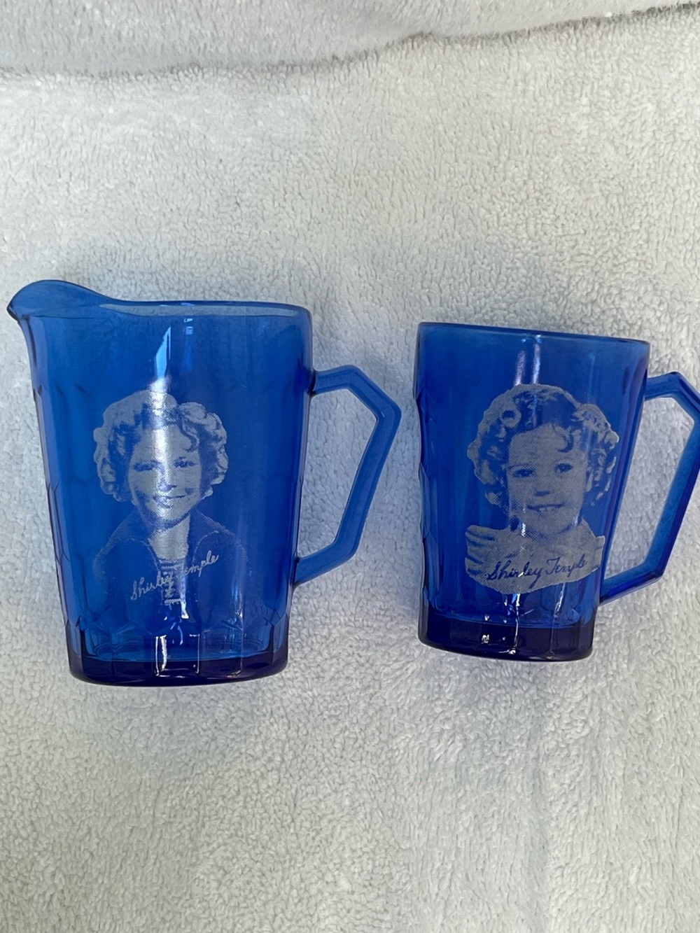 Cobalt Blue Depression Glass Pitcher & Mug Shirley Temple Vintage Set 1930’s EUC